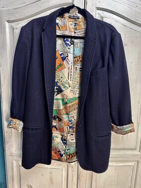 VINTAGE 80's ET VOUS WOOL BLEND COMIC LINED BLAZER JACKET MADE IN FRANCE